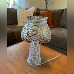 Vtg Clear Cut Crystal Table Lamp Etched  Art Nouveau Retro 12.5”